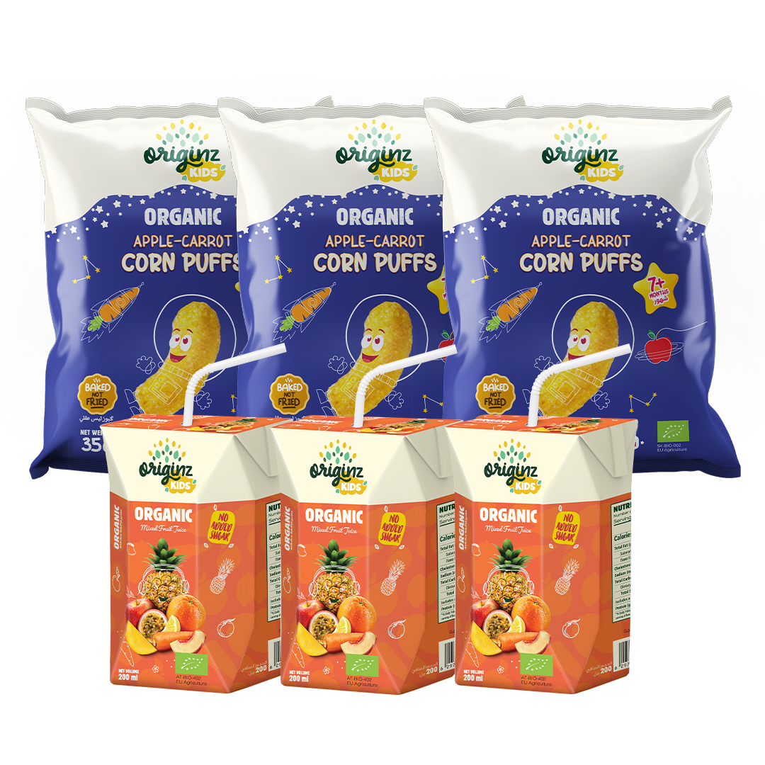 3 Organic Apple-Carrot Corn Puffs  +  3 X 200ml  Mixed fruit juice