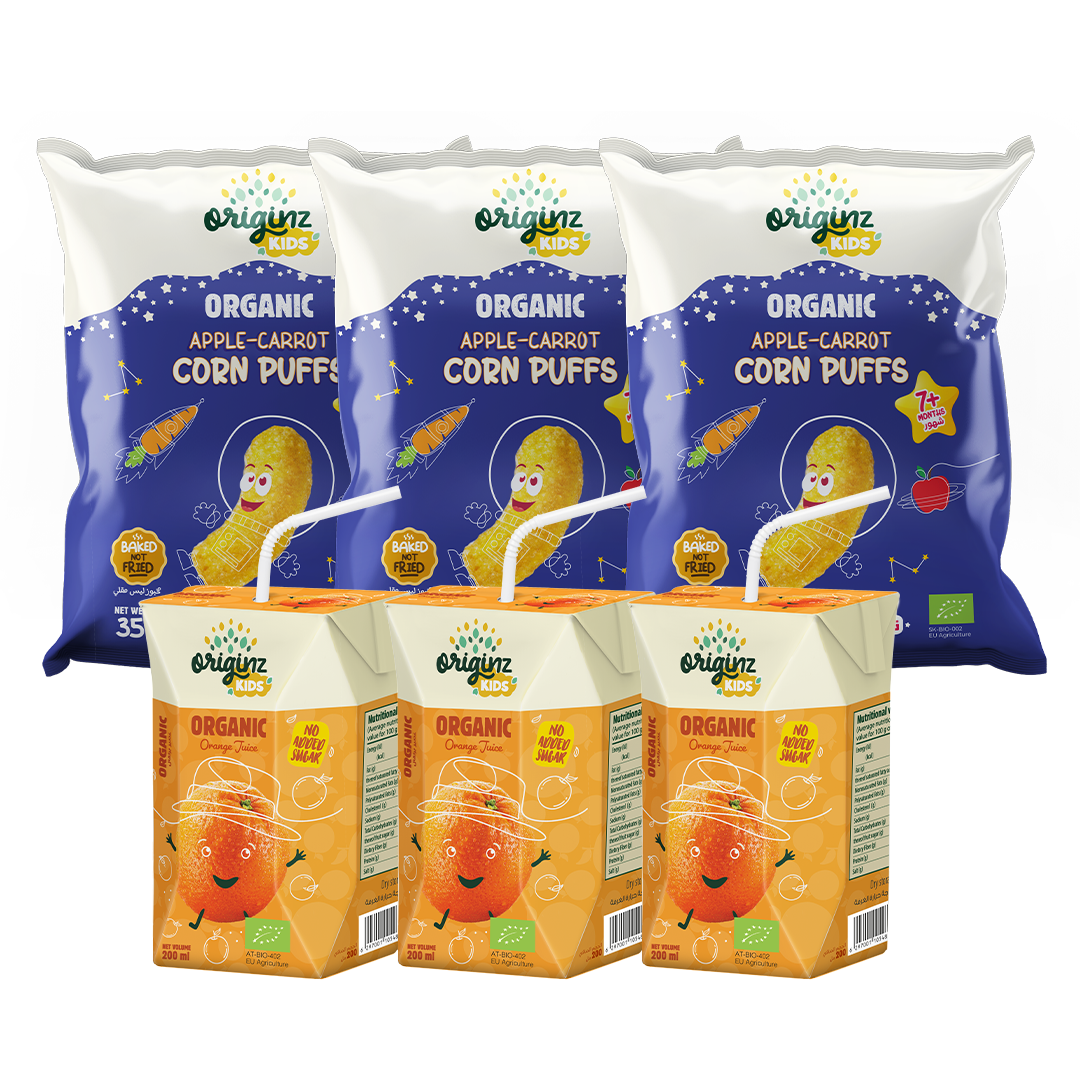 3 Organic Apple-Carrot Corn Puffs + 3 X 200ml  Orange fruit juice