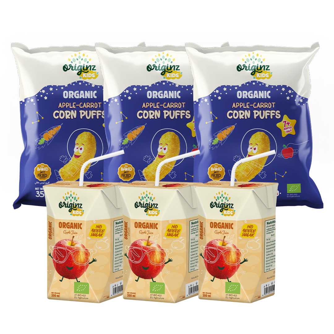3 Organic Apple-Carrot Corn Puffs  + 3 X 200ml Apple fruit juice
