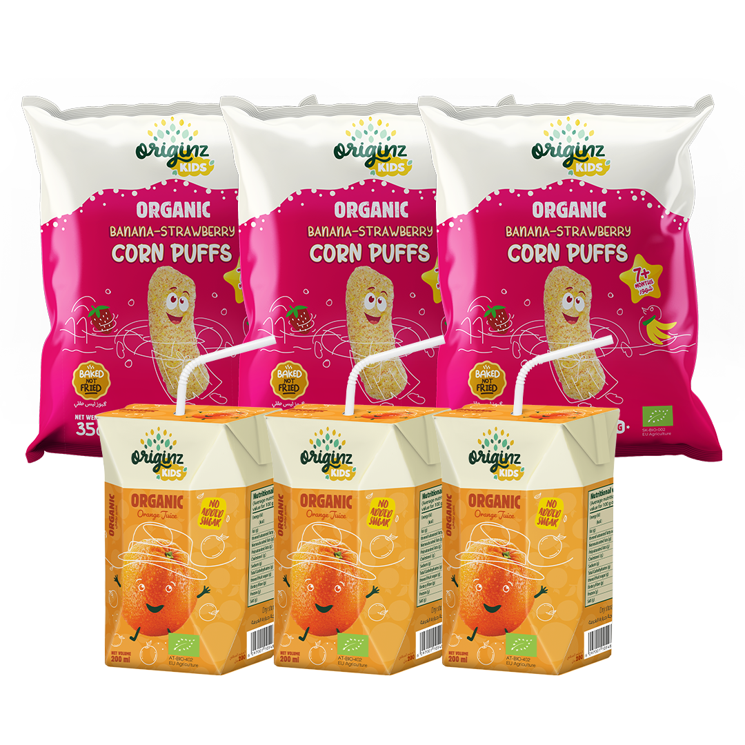3 Organic Banana Strawberry Corn Puffs  + 3 X 200ml Orange  juice