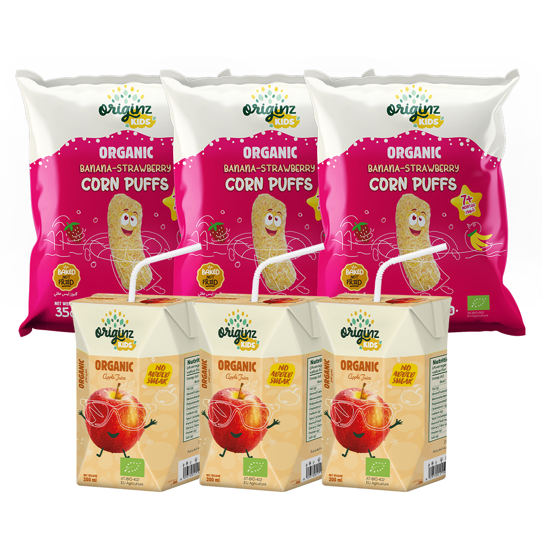 3 Organic Banana Strawberry Corn Puffs  + 3 X 200ml Apple  juice