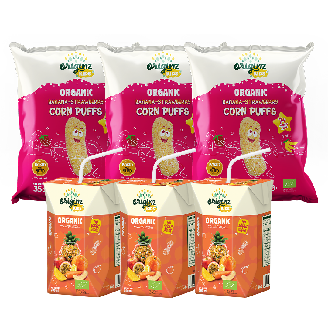 3 Organic Banana Strawberry Corn Puffs  + 3 X 200ml Mixed fruit juice