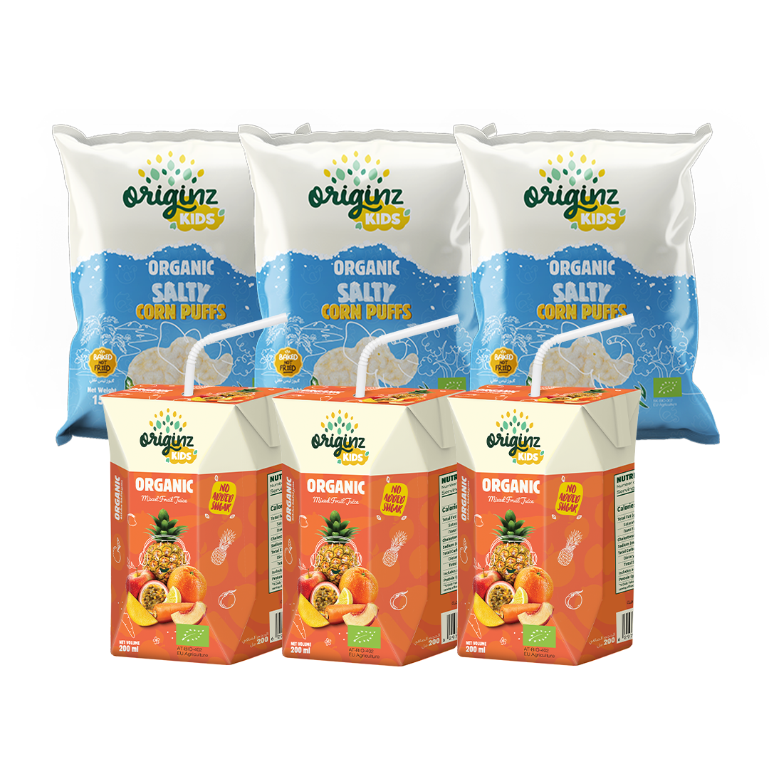 3 Organic Salty Corn Puffs  +  3 X 200ml Mixed fruit juice