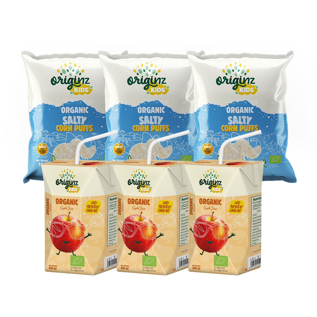3 Organic Salty Corn Puffs  +  3 X 200ml  Apple fruit juice