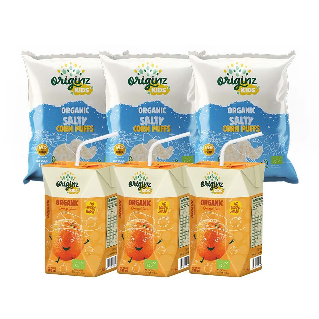 3 Organic Salty Corn Puffs  + 3 X 200ml Orange fruit juice