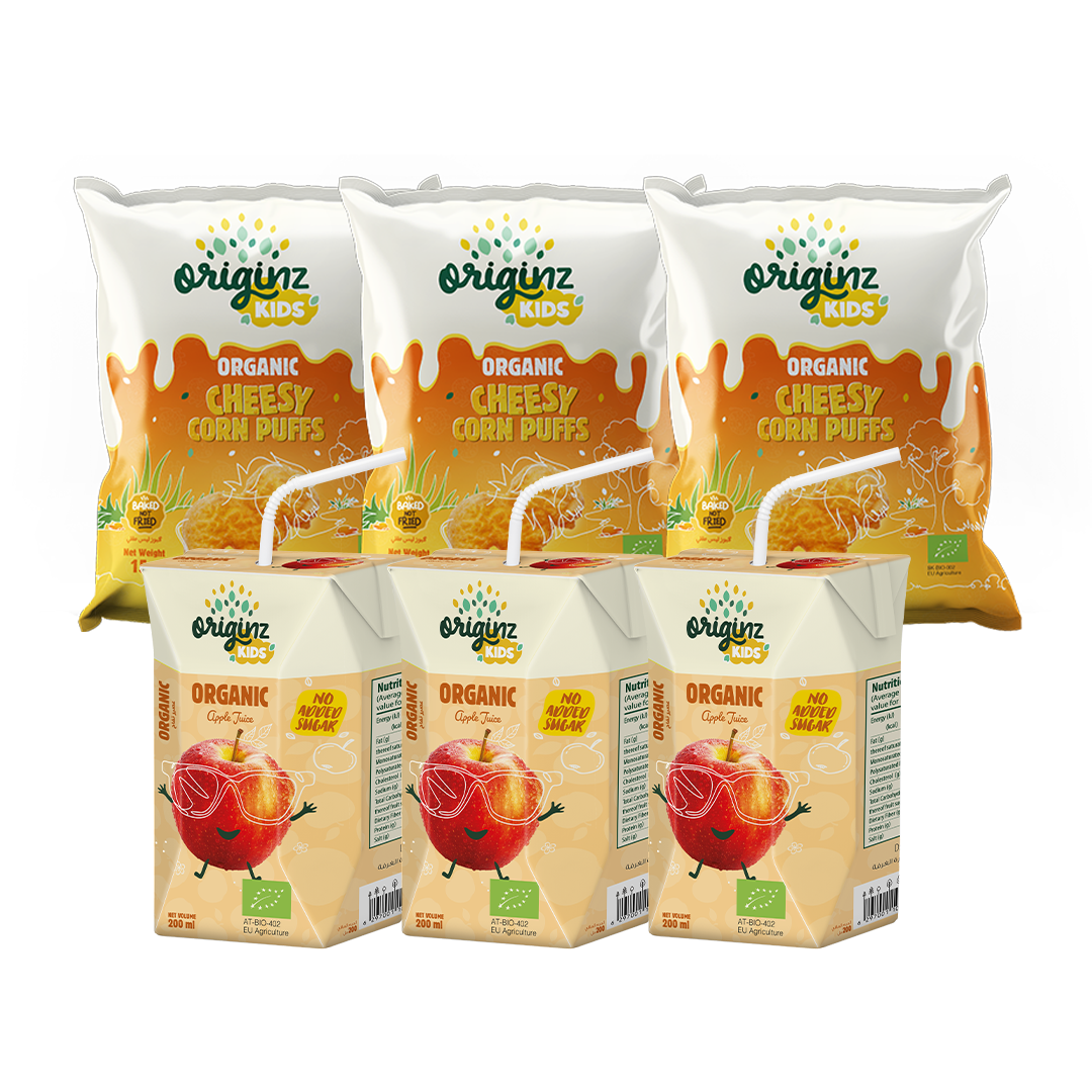 3 Organic cheesy Corn Puffs  + 3 X 200ml Apple fruit juice