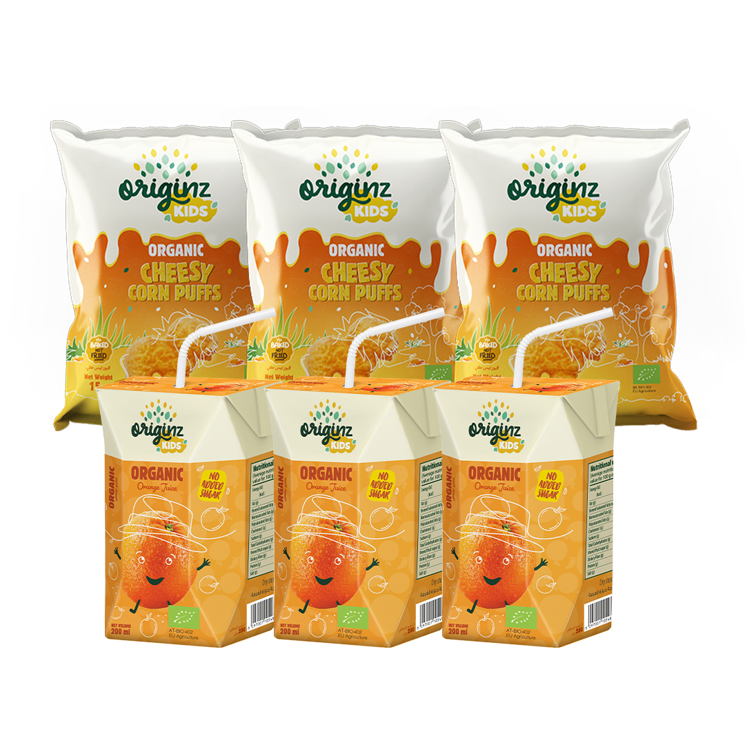 3 Organic cheesy Corn Puffs  + 3 X 200ml Orange fruit juice