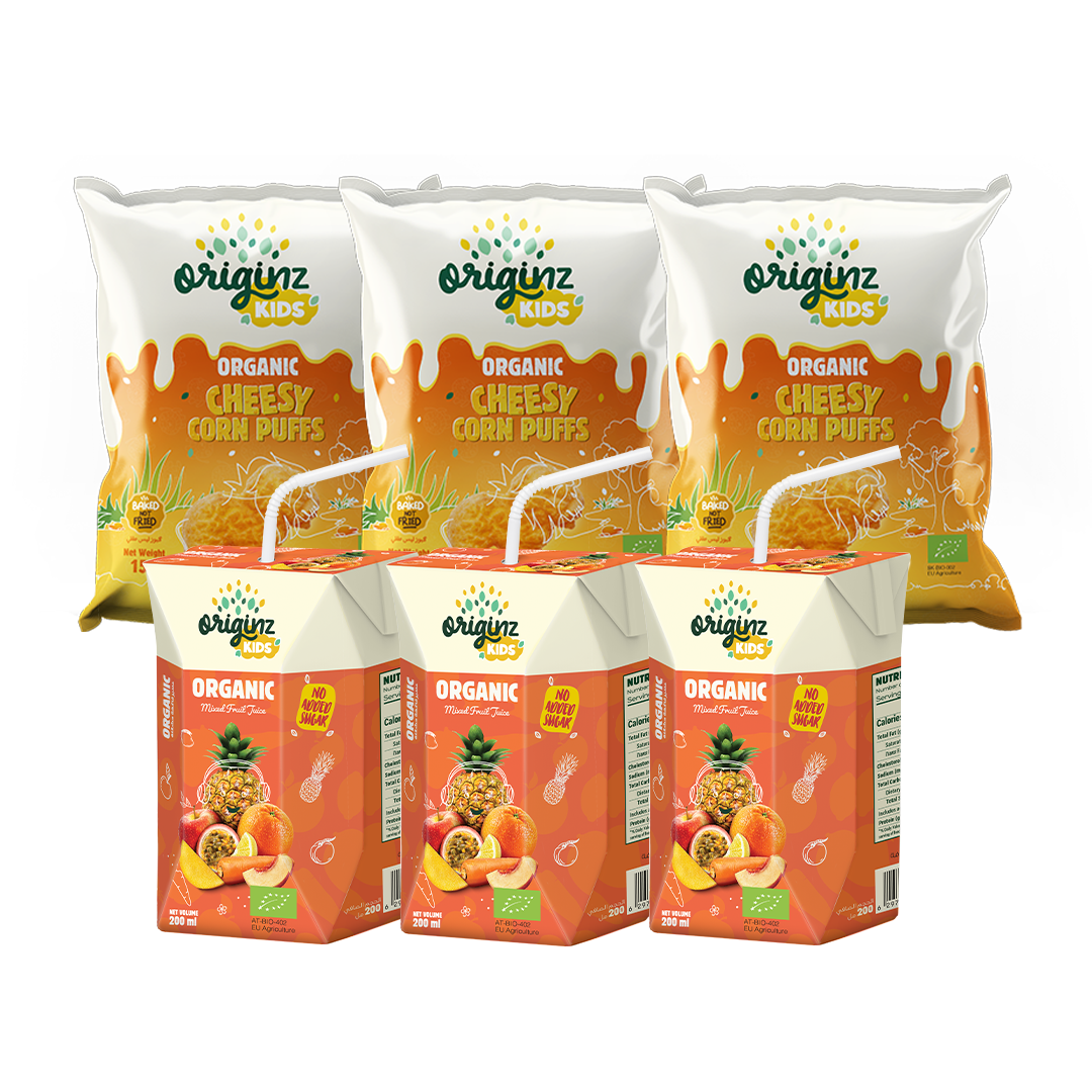 3 Organic cheesy Corn Puffs  + 3 X 200ml Mixed fruit juice